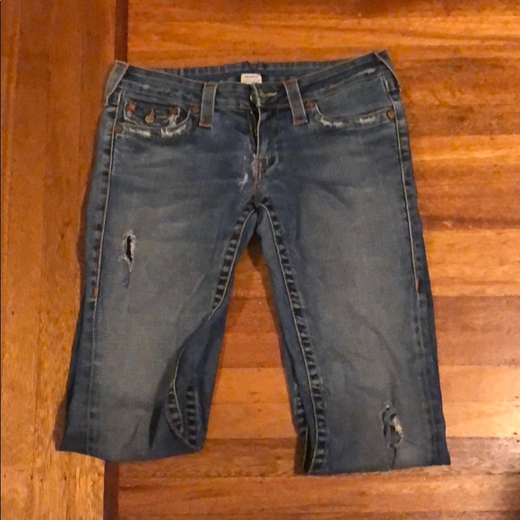 Vintage new True Religion Bridget stone & tint distressed frayed bootleg denim - Picture 4 of 7